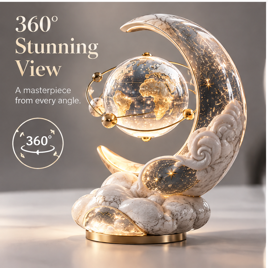 360° Stunning View – a masterpiece from every angle, shown from side angle with star sparkles visible through marble crescent