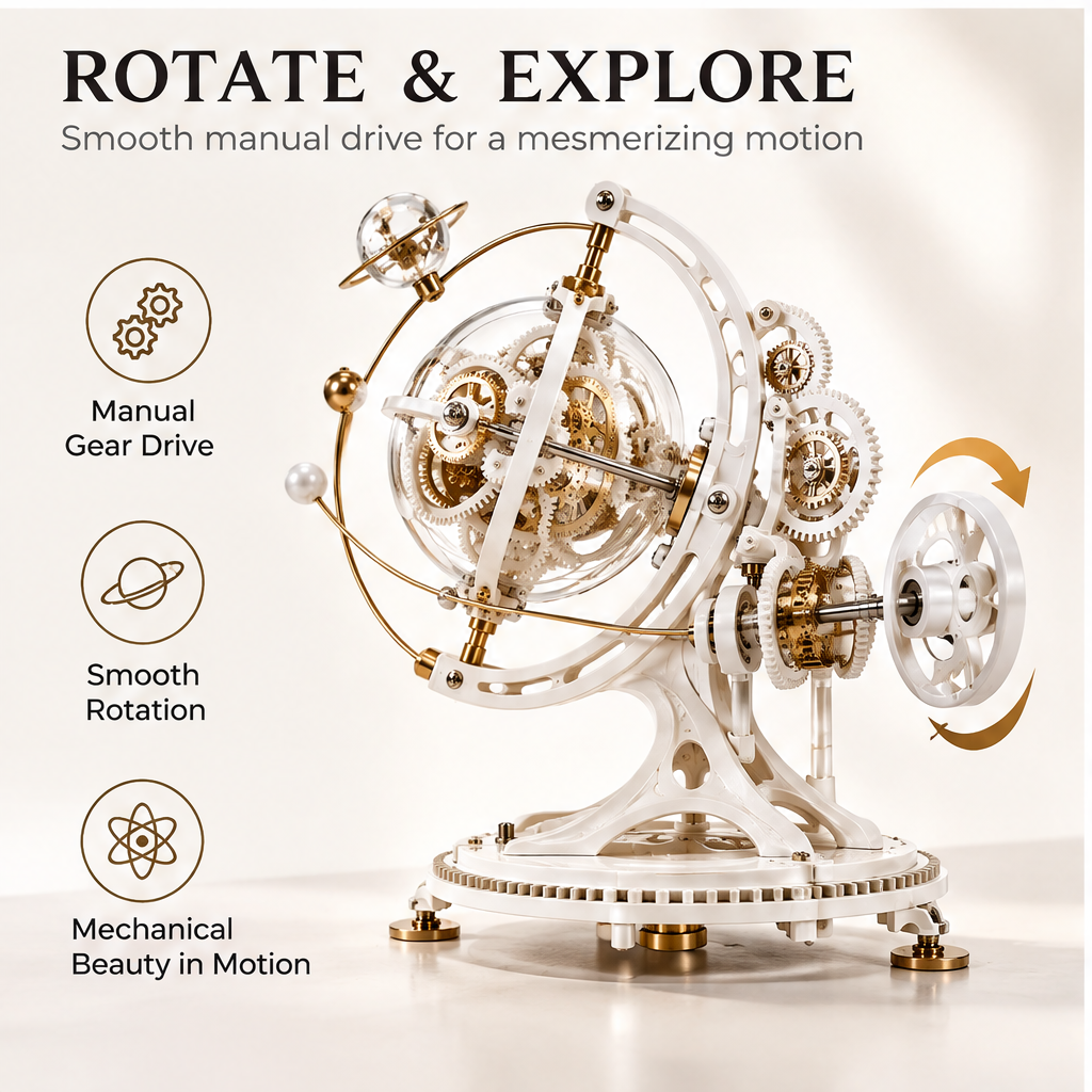 Rotate & Explore – Smooth manual drive for a mesmerizing motion – feature callouts: Manual Gear Drive, Smooth Rotation, Mechanical Beauty in Motion – right-side view showing white hand wheel with gold arrow rotation indicator and external gear train
