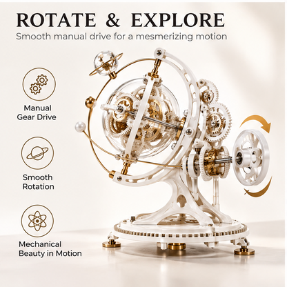 Rotate & Explore – Smooth manual drive for a mesmerizing motion – feature callouts: Manual Gear Drive, Smooth Rotation, Mechanical Beauty in Motion – right-side view showing white hand wheel with gold arrow rotation indicator and external gear train