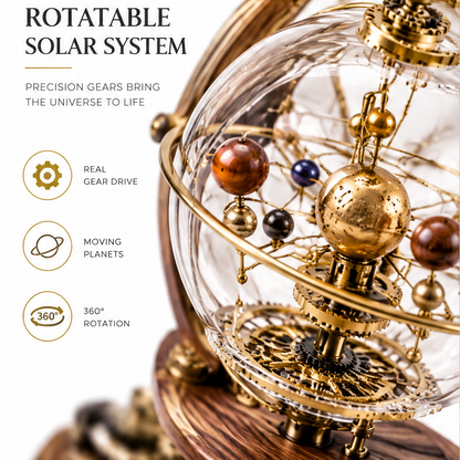 Rotatable Solar System – Real Gear Drive, Moving Planets, 360° Rotation – close-up of glass globe interior showing gold sun, coloured planet balls and brass orbital rings with gear drive base visible