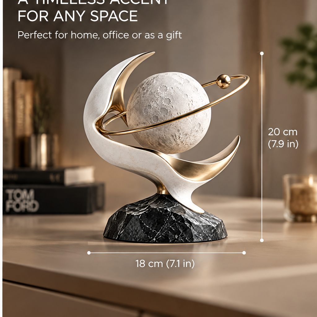 ORVAITOLEY® Celestial Moon Planet Sculpture – full product view on white background, showing moon sphere, crescent frame, gold ring and marble base
