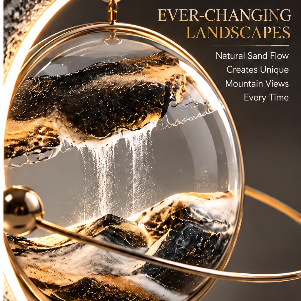 Ever-Changing Landscapes – Natural Sand Flow Creates Unique Mountain Views Every Time – macro close-up of black-gold mountain sandscape inside crystal globe, showing dark mineral sand with gold veining flowing through clear liquid