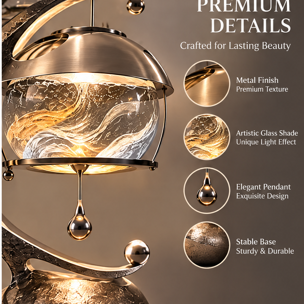 Premium Details – Crafted for Lasting Beauty – macro close-up with detail callouts: Metal Finish Premium Texture, Artistic Glass Shade Unique Light Effect, Elegant Pendant Exquisite Design, Stable Base Sturdy & Durable