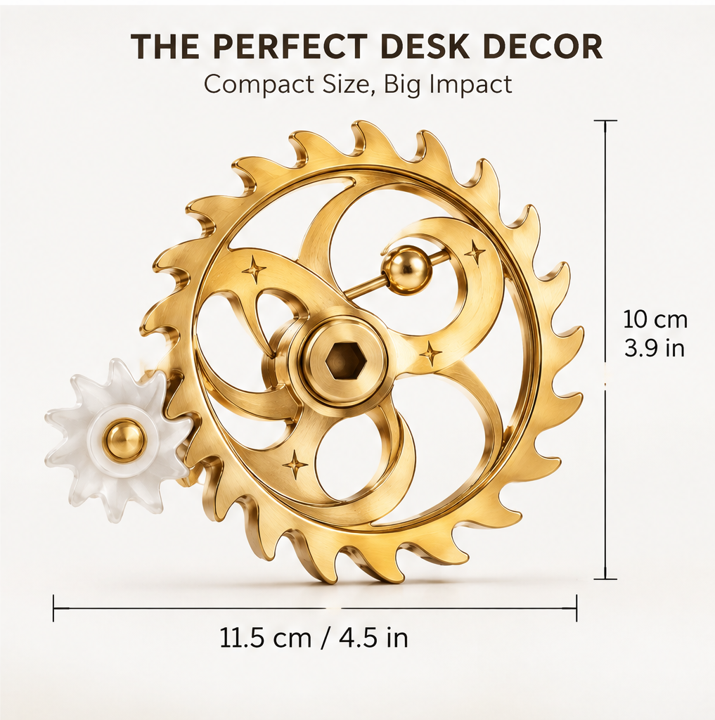 The Perfect Desk Decor – Compact Size, Big Impact – dimensions diagram: 11.5cm / 4.5in width, 10cm / 3.9in height – white background product view showing full sun-wheel gear with white pinion and gold eccentric arm from front angle