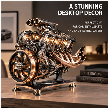 Iconic V8 Engine Model – Engineering Art Meets Timeless Design – front view on white background showing V8 cylinder banks, four-intake air filter stack, large copper turbo fan wheel and black ornate display stand