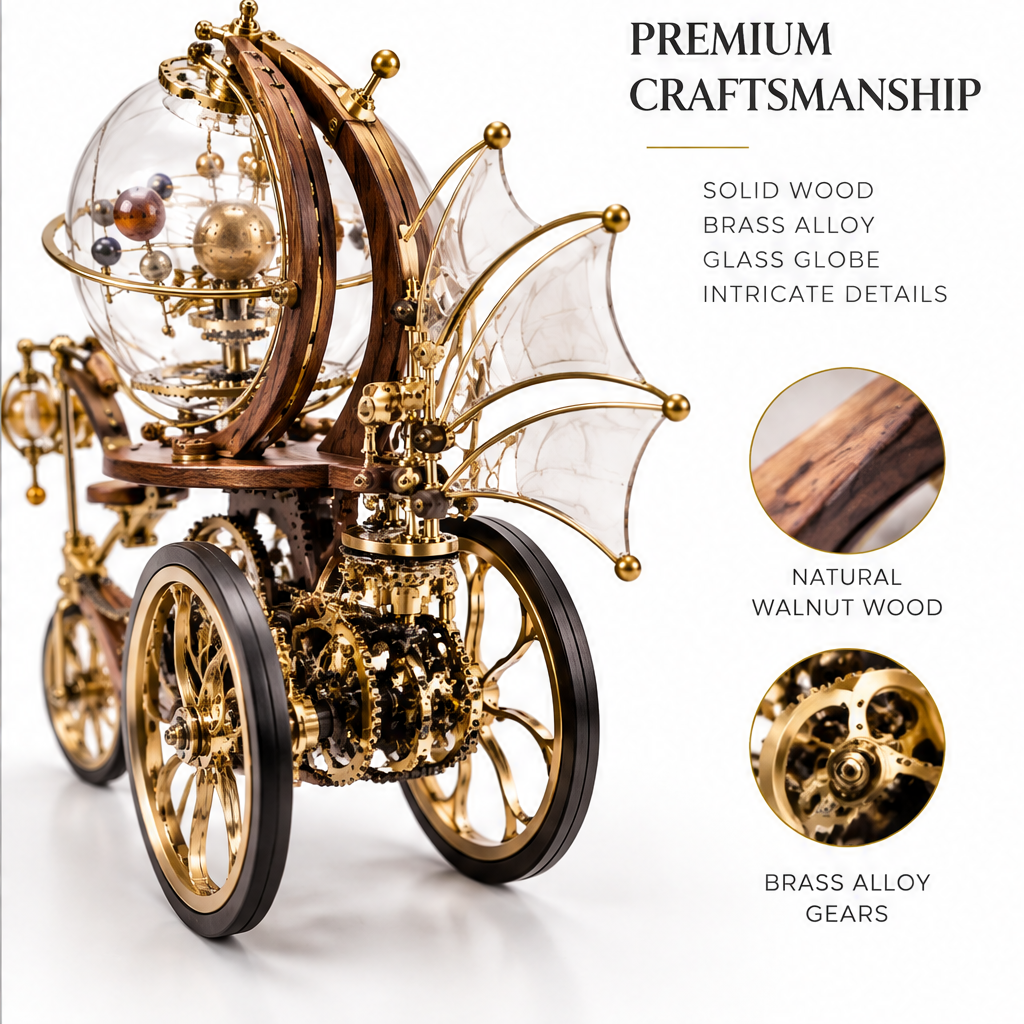 Premium Craftsmanship – Solid Wood, Brass Alloy, Glass Globe – right-side close-up of bat-wing sail with brass frame, walnut wood grain detail circle and brass alloy gear detail circle