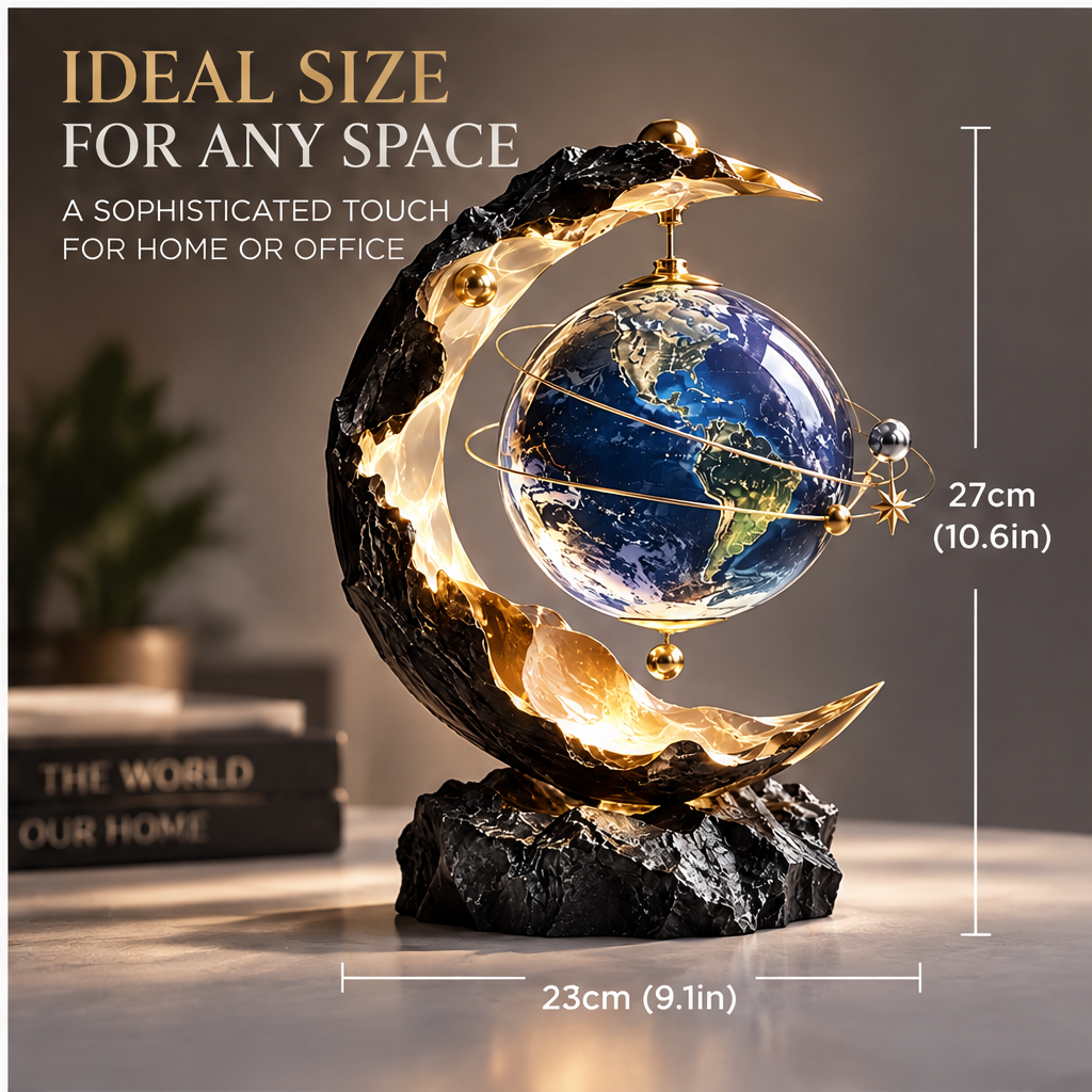 ORVAITOLEY® Crescent Moon Earth Globe Sculpture – full product view on grey background, showing black textured crescent, earth globe, gold accents and warm LED glow