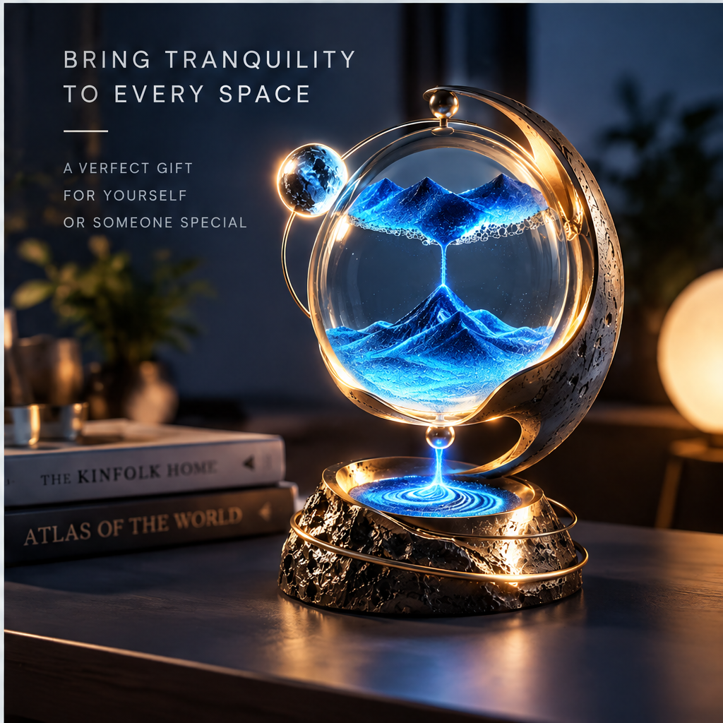 Flow Beyond Time – Sand Water Light – a living piece of art for your space – side angle product view with deep blue glowing base