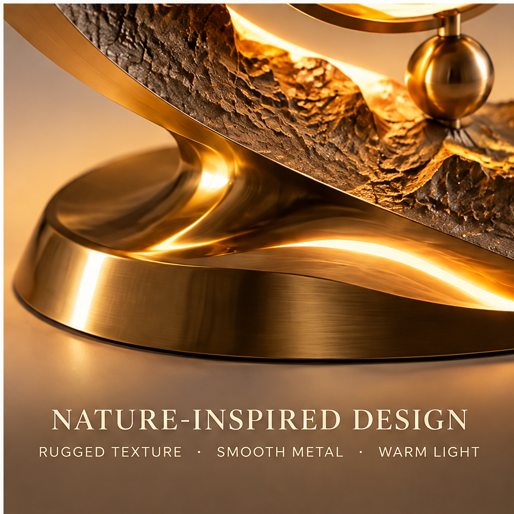Nature-Inspired Design – Rugged Texture · Smooth Metal · Warm Light – macro close-up of wave-form brushed gold base with contrast between rough rock texture of inner crescent arc and smooth polished metal base