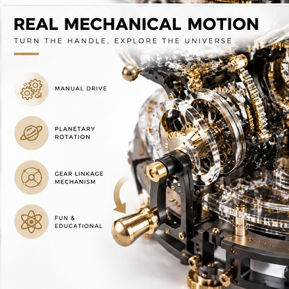 Stunning Details – Precision Craftsmanship – three detail circles: Realistic Planets, Metal Gears, Premium Acrylic – close-up of celestial globe gear ring and gold orbital detail