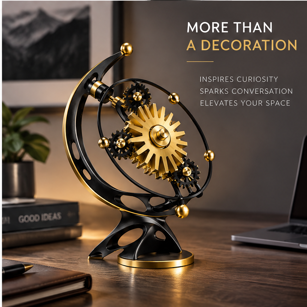 More Than a Decoration – Inspires Curiosity, Sparks Conversation, Elevates Your Space – lifestyle shot on dark wood office desk with Good Ideas book, pen, laptop partially visible, plant, warm ambient lighting, black-gold sun gear orrery from 3/4 front angle