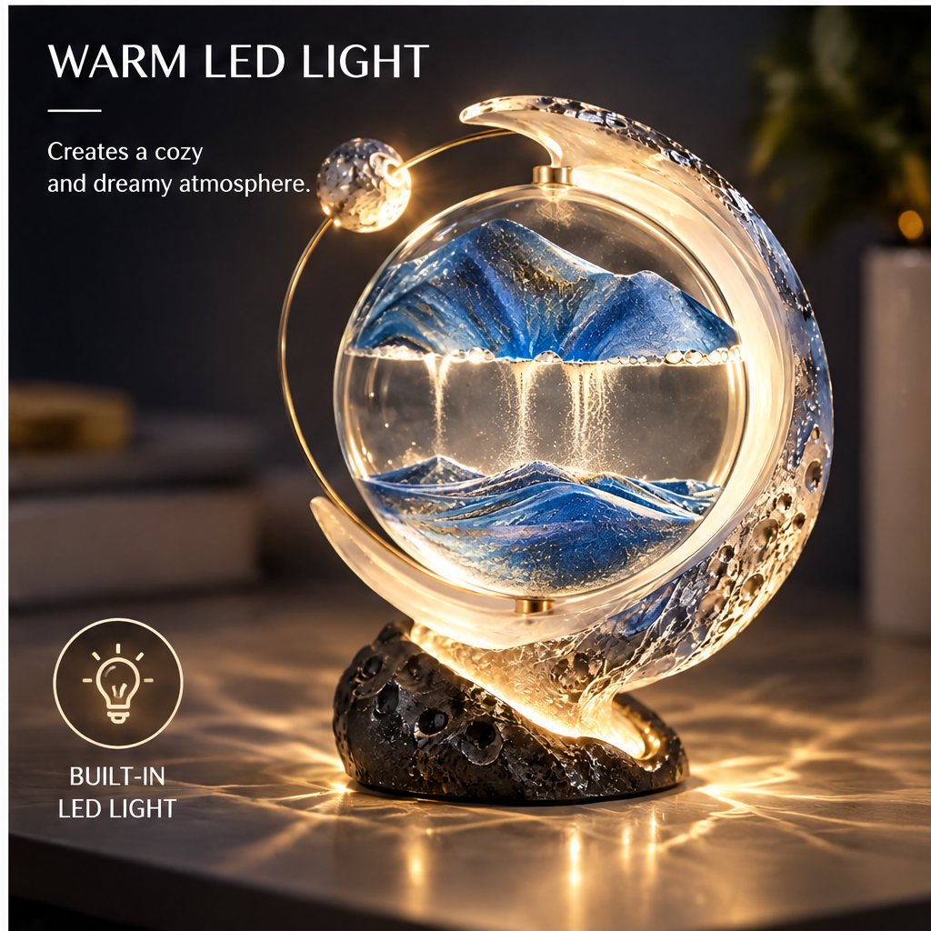 Warm LED Light – Creates a cozy and dreamy atmosphere – Built-in LED Light badge – lamp glowing warmly on dark surface with soft bokeh background