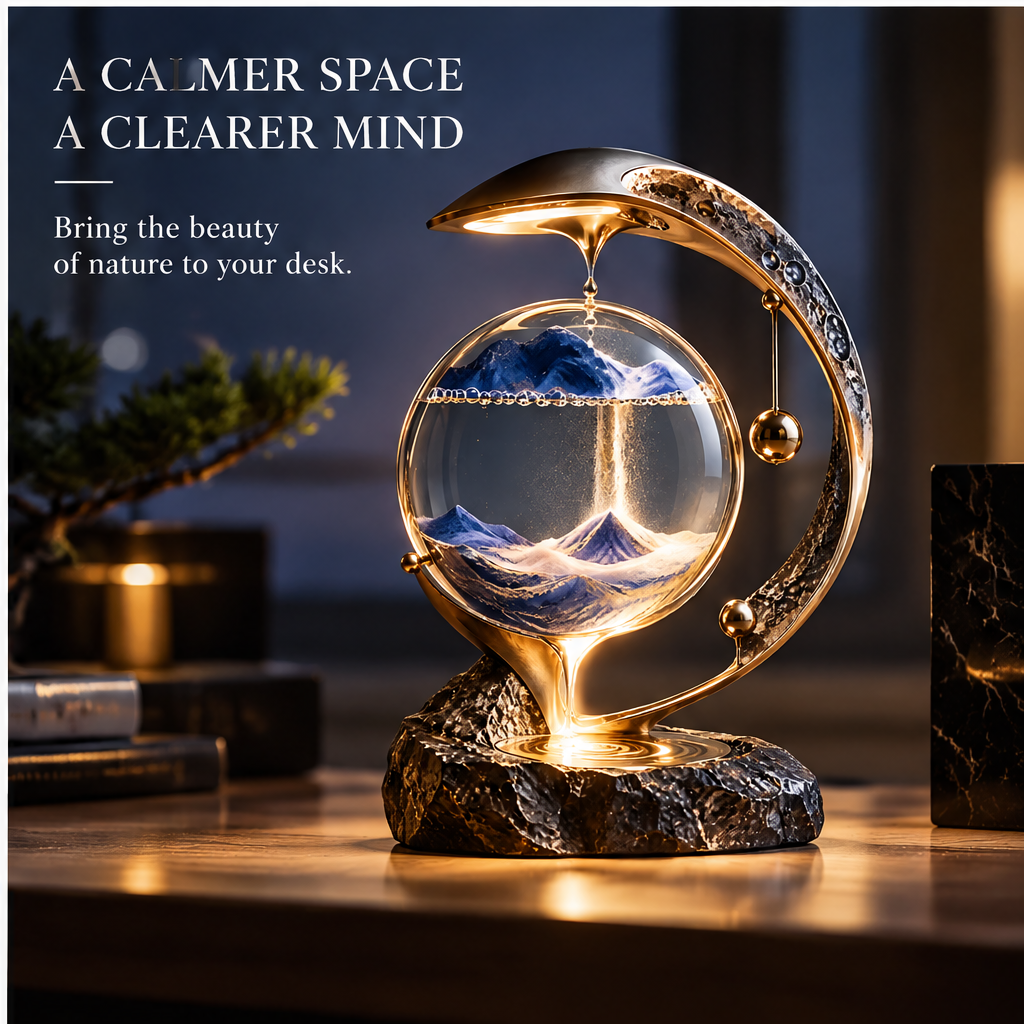 A Calmer Space A Clearer Mind – Bring the beauty of nature to your desk – lifestyle shot on dark wood desk with bonsai and candle in ambient room lighting
