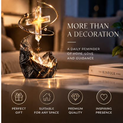 ORVAITOLEY® Crystal Cross LED Sculpture – full product view on grey background, glowing crystal cross with gold orbit ring, star charm and natural-inspired stone base
