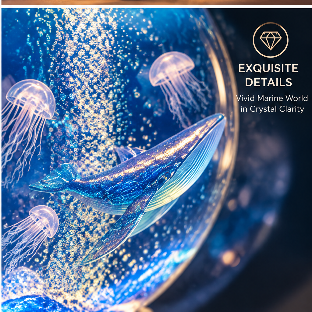 Exquisite Details – Vivid Marine World in Crystal Clarity – macro close-up of blue ocean interior showing iridescent blue whale and translucent jellyfish with rising bubble column