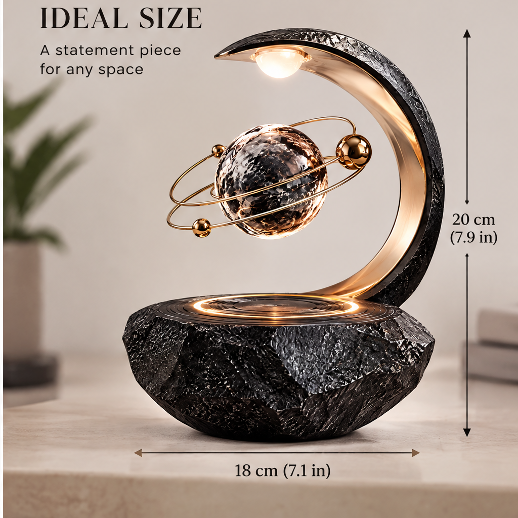Mesmerizing Details – the universe, captured on your desk – close-up of levitating planet with gold orbit ring and warm LED base glow
