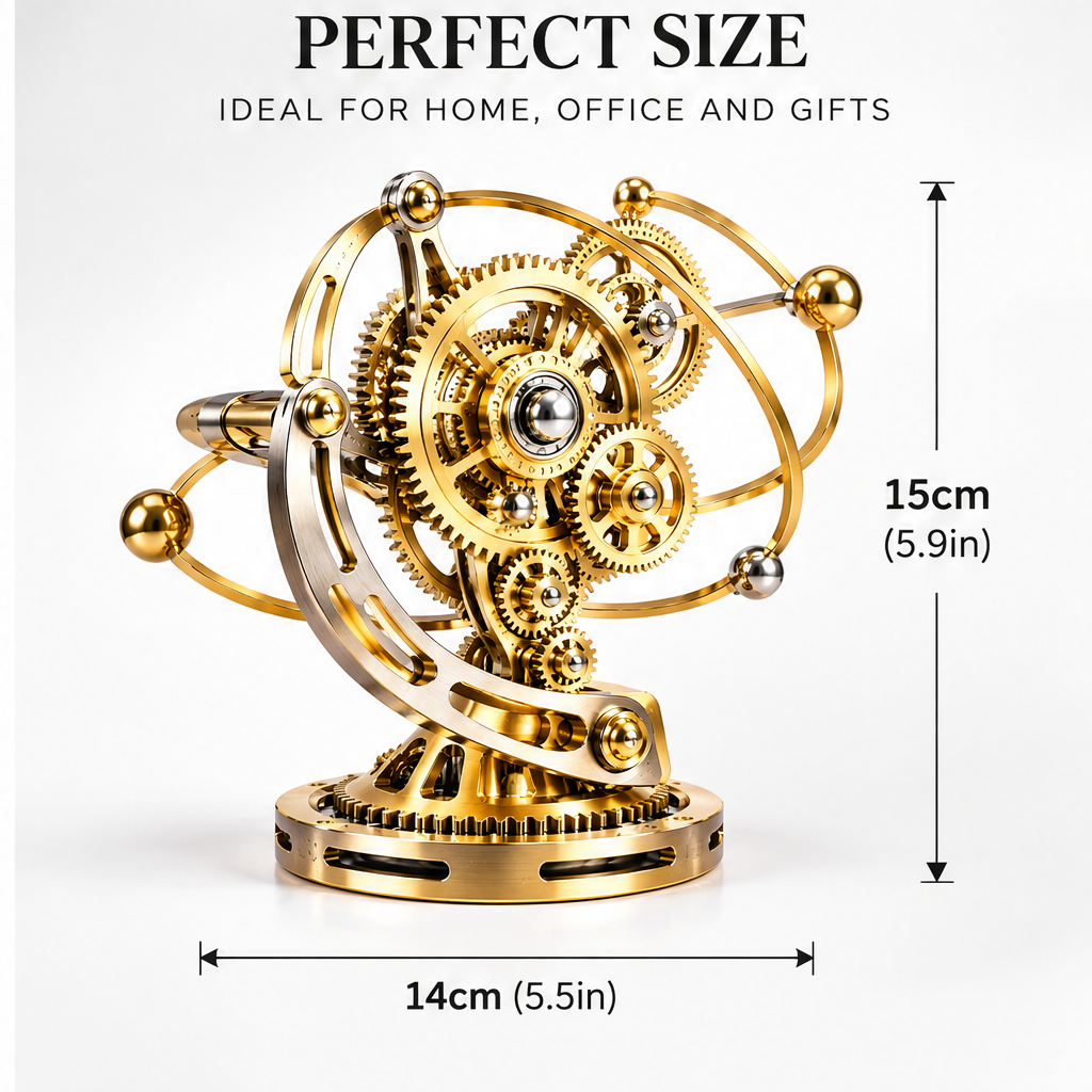 Precision Engineering – Each Gear Works Together for a Smooth and Mesmerizing Motion – macro close-up of gold gear assembly showing large outer ring gear, multiple interlocking brass gears, silver ball-bearing central hub, and silver ball pivot accents – feature callouts: Metal Construction, Premium Finish, Durable & Stable