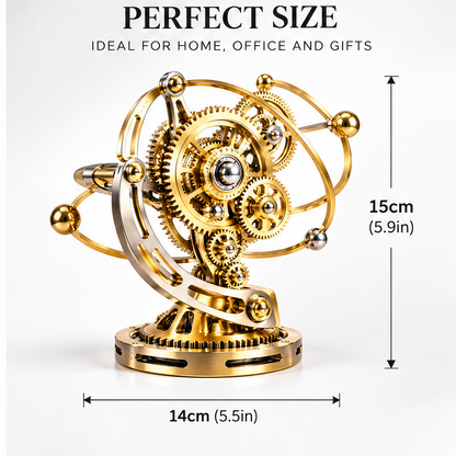 Precision Engineering – Each Gear Works Together for a Smooth and Mesmerizing Motion – macro close-up of gold gear assembly showing large outer ring gear, multiple interlocking brass gears, silver ball-bearing central hub, and silver ball pivot accents – feature callouts: Metal Construction, Premium Finish, Durable & Stable