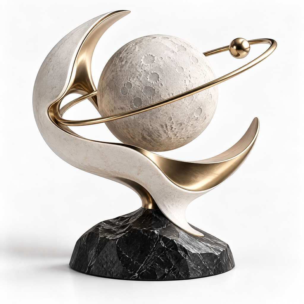 Premium craftsmanship close-up – detailed moon texture, elegant gold finish, and solid marble base