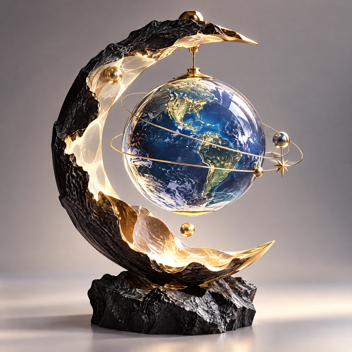 Premium details close-up – high-quality metal craftsmanship, textured stone base, warm LED illumination