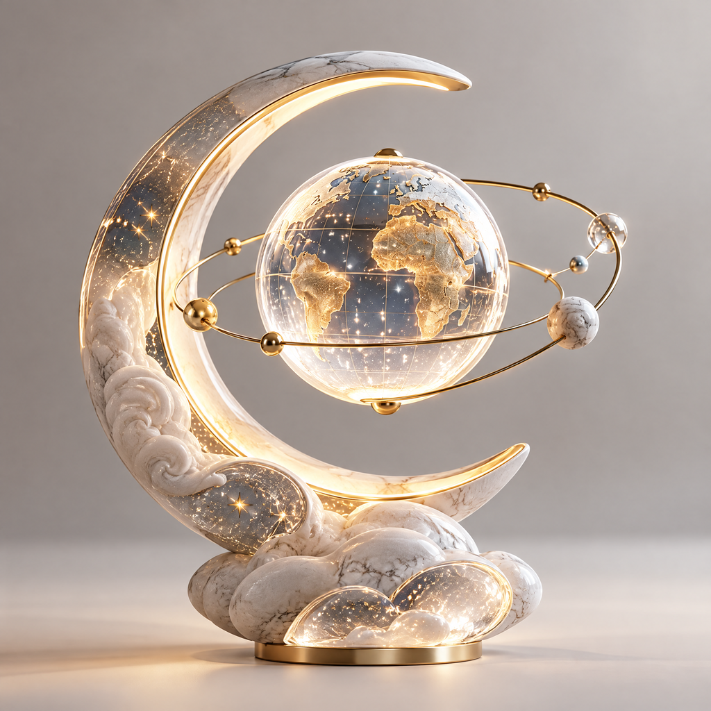 ORVAITOLEY® White Marble Crescent Moon Globe LED Sculpture – full product view on grey background, showing marble-finish crescent, crystal globe, gold orbit ring and warm LED glow