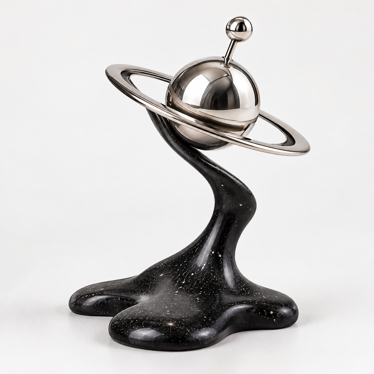 ORVAITOLEY® Black Galaxy Saturn Orbit Sculpture – full product view on white background, showing chrome Saturn planet atop fluid black galaxy-texture base