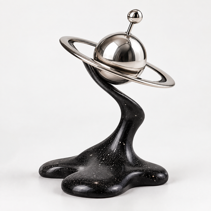 ORVAITOLEY® Black Galaxy Saturn Orbit Sculpture – full product view on white background, showing chrome Saturn planet atop fluid black galaxy-texture base