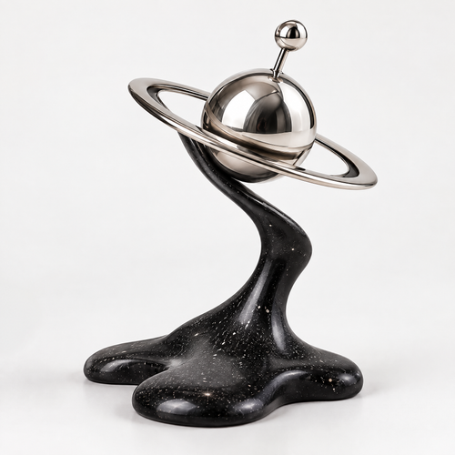 ORVAITOLEY® Black Galaxy Saturn Orbit Sculpture – full product view on white background, showing chrome Saturn planet atop fluid black galaxy-texture base