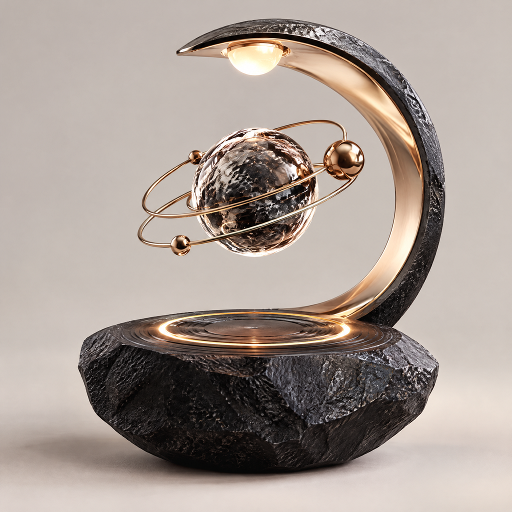 ORVAITOLEY® Levitating Planet Lamp – full product view on grey background, showing magnetic levitation planet with gold orbit ring, warm LED crescent arm and textured black meteorite base
