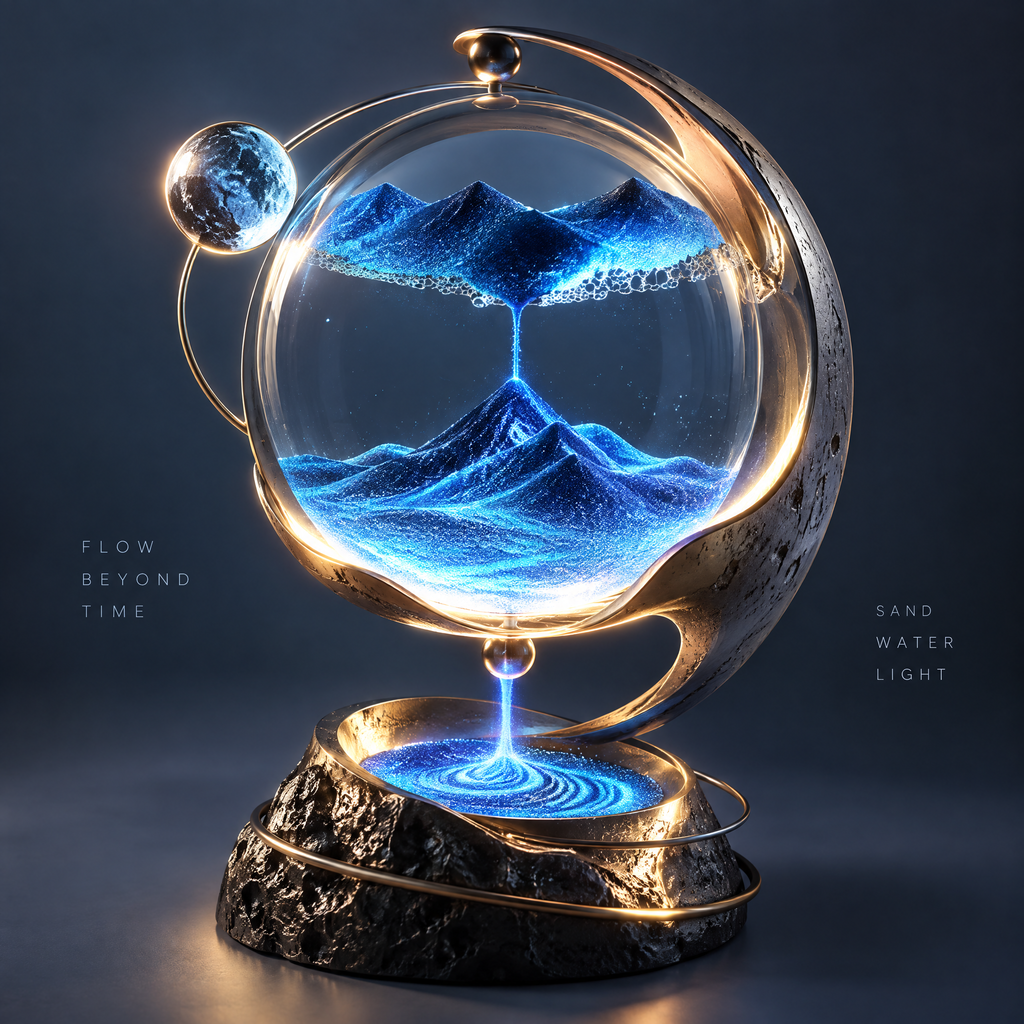 ORVAITOLEY® Flow Beyond Time Sand Art Globe LED Lamp – full product view on deep blue background, showing blue glowing sand landscape inside crystal globe with gold orbit ring and meteorite resin base