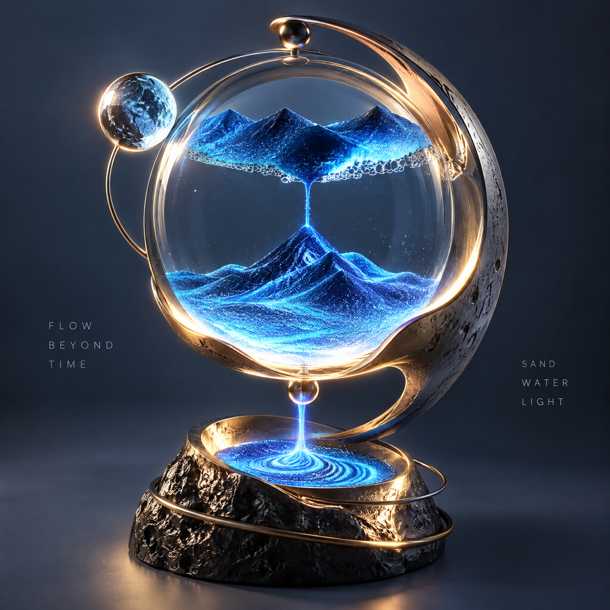 ORVAITOLEY® Flow Beyond Time Sand Art Globe LED Lamp – full product view on deep blue background, showing blue glowing sand landscape inside crystal globe with gold orbit ring and meteorite resin base