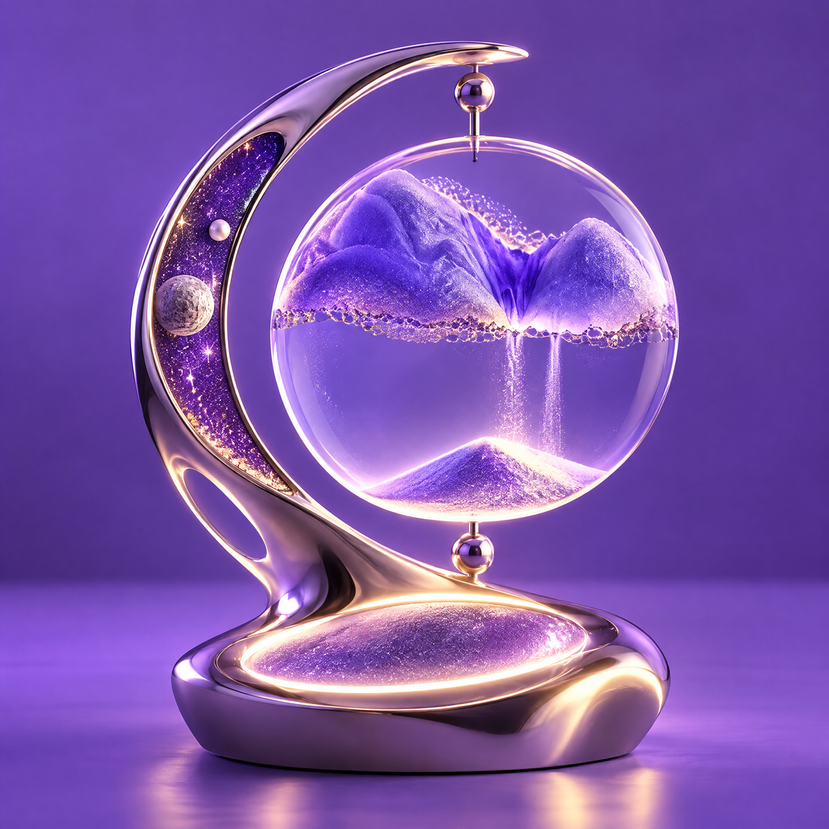 ORVAITOLEY® Galaxy Moon Sand Art Lamp – full product view on purple background, showing purple glowing sandscape inside crystal globe with starry galaxy crescent arm, planet accent and smooth metallic finish base