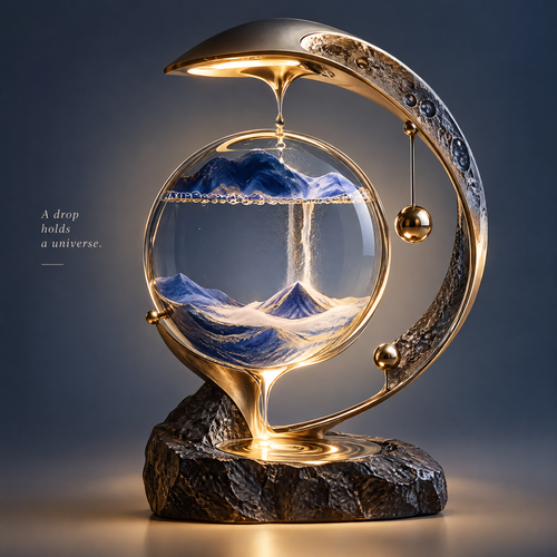 ORVAITOLEY® A Drop Holds a Universe – full product view on grey background, blue mountain sandscape inside crystal globe with gold crescent arc and natural black stone base, caption: a drop holds a universe