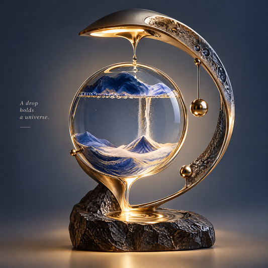 ORVAITOLEY® A Drop Holds a Universe – full product view on grey background, blue mountain sandscape inside crystal globe with gold crescent arc and natural black stone base, caption: a drop holds a universe
