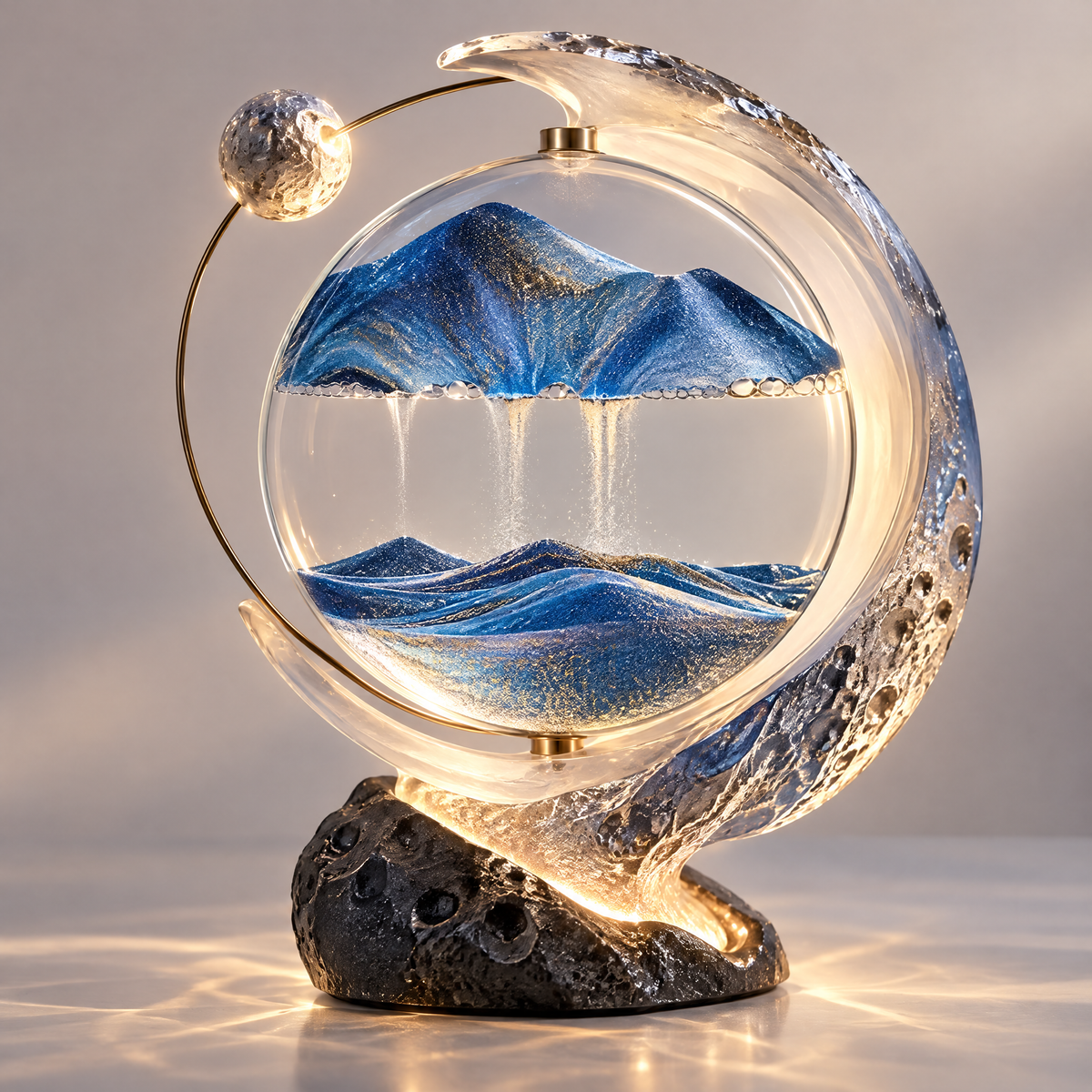 ORVAITOLEY® A Piece of Moving Art – full product view on light grey background, blue and gold mountain sandscape inside crystal globe with transparent crescent arc and meteor stone base with warm LED glow