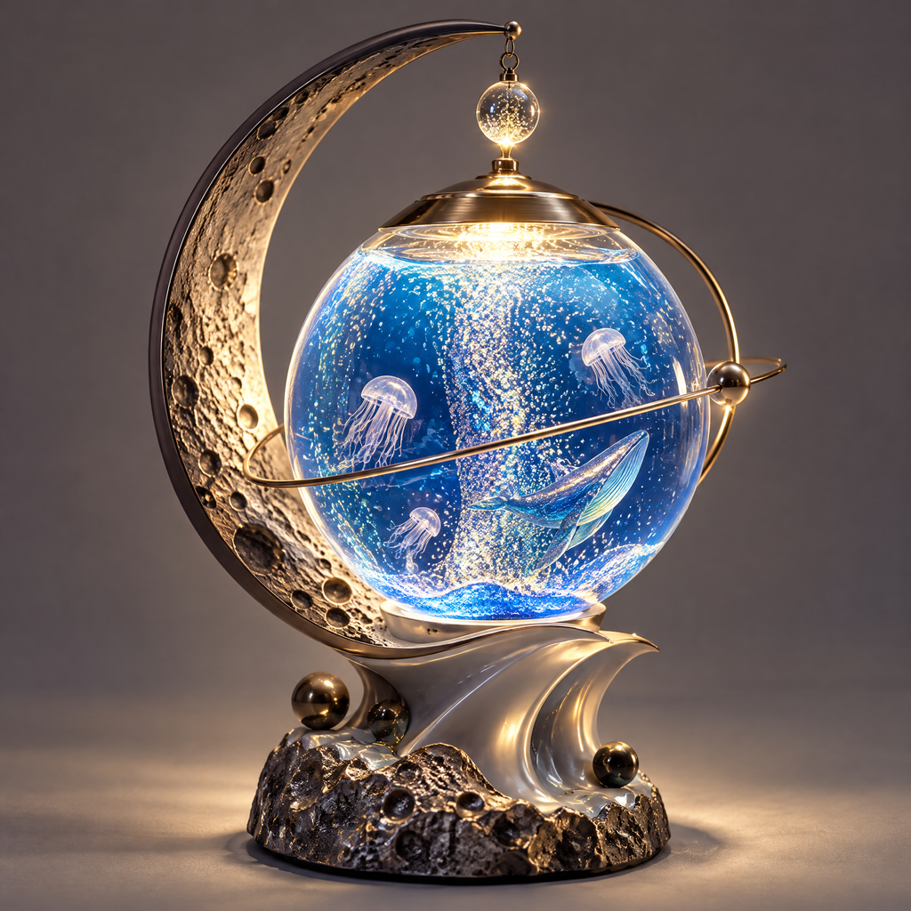 ORVAITOLEY® Ocean in a Globe – full product view on light grey background, blue ocean crystal globe with jellyfish and whale scene, gold crescent moon arc, wave base and hanging crystal ball LED