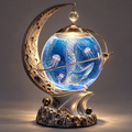 ORVAITOLEY® Ocean in a Globe – full product view on light grey background, blue ocean crystal globe with jellyfish and whale scene, gold crescent moon arc, wave base and hanging crystal ball LED