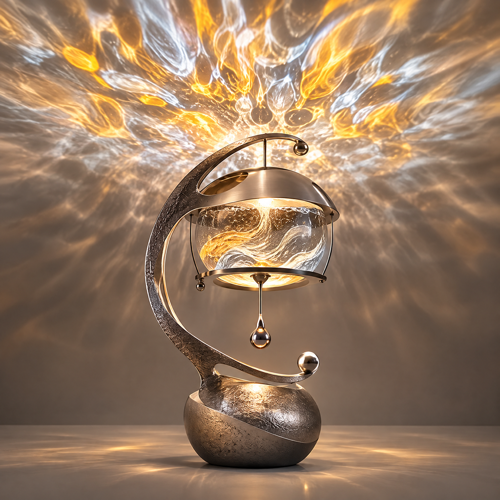 ORVAITOLEY® Art Meets Light – full product view on grey background showing dramatic golden flame projection across wall and ceiling, spiral silver crescent arm, artistic glass globe shade with gold swirl interior, metal dome cap, water-drop pendants and round stone-texture base