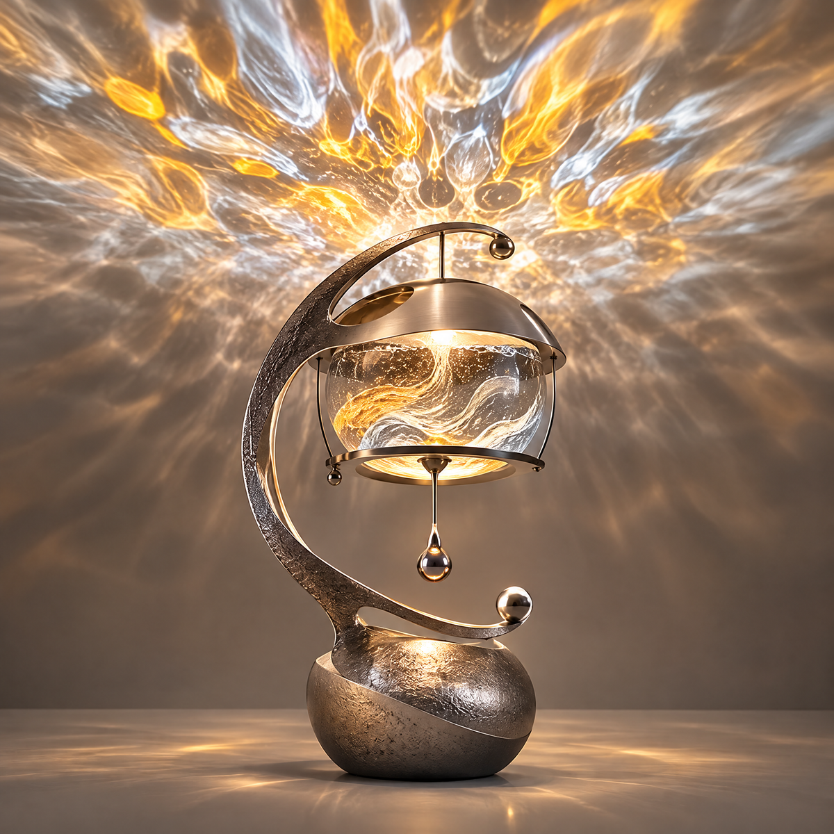ORVAITOLEY® Art Meets Light – full product view on grey background showing dramatic golden flame projection across wall and ceiling, spiral silver crescent arm, artistic glass globe shade with gold swirl interior, metal dome cap, water-drop pendants and round stone-texture base