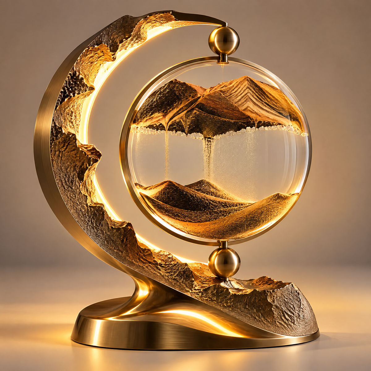 ORVAITOLEY® A Piece of Moving Art – full product view on warm grey background, all-gold crescent moon arc with rugged rock texture inner surface and smooth brushed metal outer edge, gold-black mountain sandscape inside crystal globe, wave-form brushed gold base with LED underglow