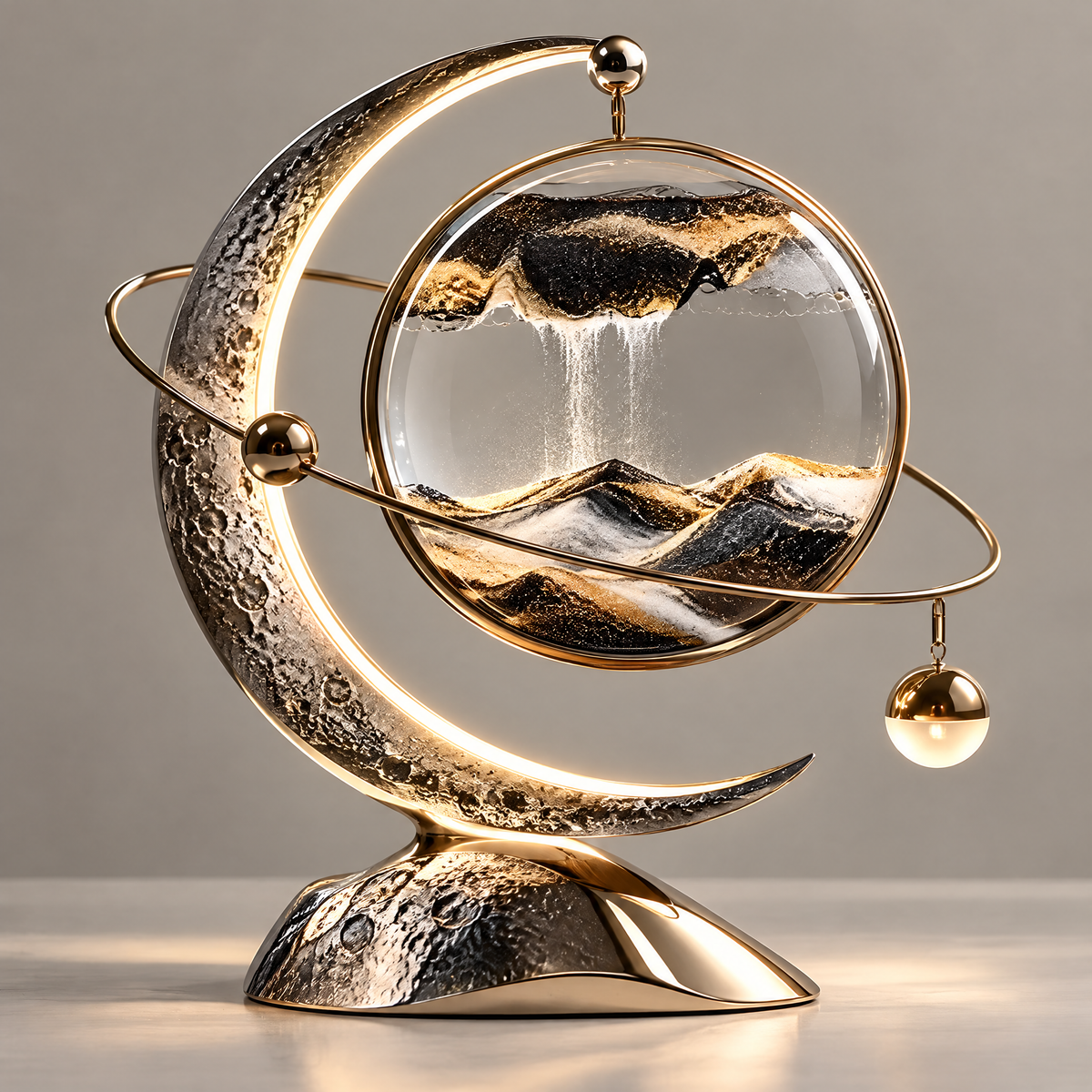 ORVAITOLEY® A World of Calm – full product view on warm grey background showing black-silver lunar-texture crescent moon arc, gold orbital ring with hanging gold drop pendant, black-gold mountain sandscape in crystal globe, black crater-texture base with gold fin
