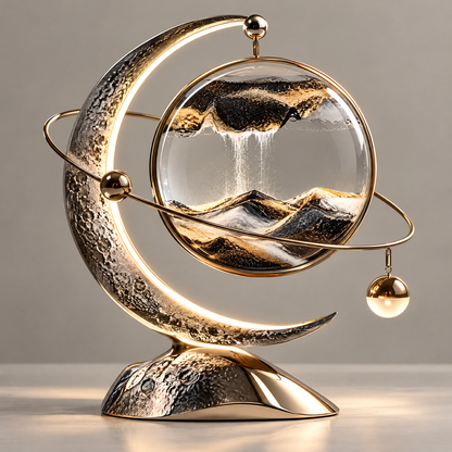 ORVAITOLEY® A World of Calm – full product view on warm grey background showing black-silver lunar-texture crescent moon arc, gold orbital ring with hanging gold drop pendant, black-gold mountain sandscape in crystal globe, black crater-texture base with gold fin