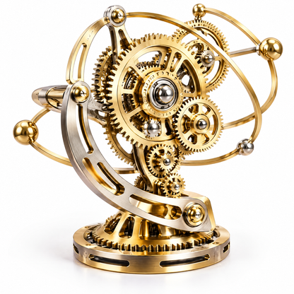 ORVAITOLEY® A Piece of Moving Art – full product view on pure white background showing all-gold steampunk gear orrery: multi-layer interlocking brass gear assembly, silver ball-bearing hub center, tilted arc support bracket, perforated cylindrical gold base with gear-tooth edge, gold orbital ring with four gold planet-ball terminals