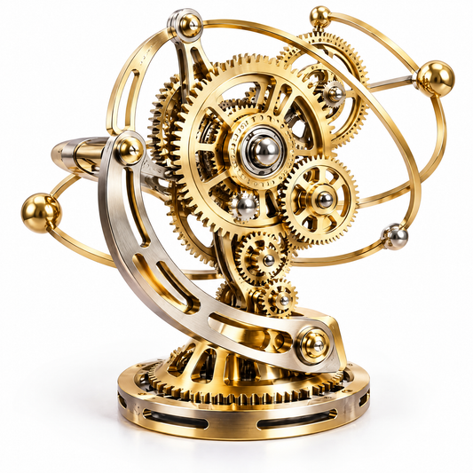 ORVAITOLEY® A Piece of Moving Art – full product view on pure white background showing all-gold steampunk gear orrery: multi-layer interlocking brass gear assembly, silver ball-bearing hub center, tilted arc support bracket, perforated cylindrical gold base with gear-tooth edge, gold orbital ring with four gold planet-ball terminals