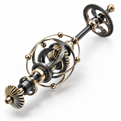 ORVAITOLEY® Mechanical Art for Your Desk – full product view on pure white background, diagonal 45-degree angle showing full horizontal gear drive shaft sculpture: black main axle with bronze-tone bevel gear assembly at left end, central elliptical orbital cage with multi-layer black-and-bronze interlocking gears, gold orbital ring with six gold planet-ball accents, flat spur gear with gold finial ball at right end