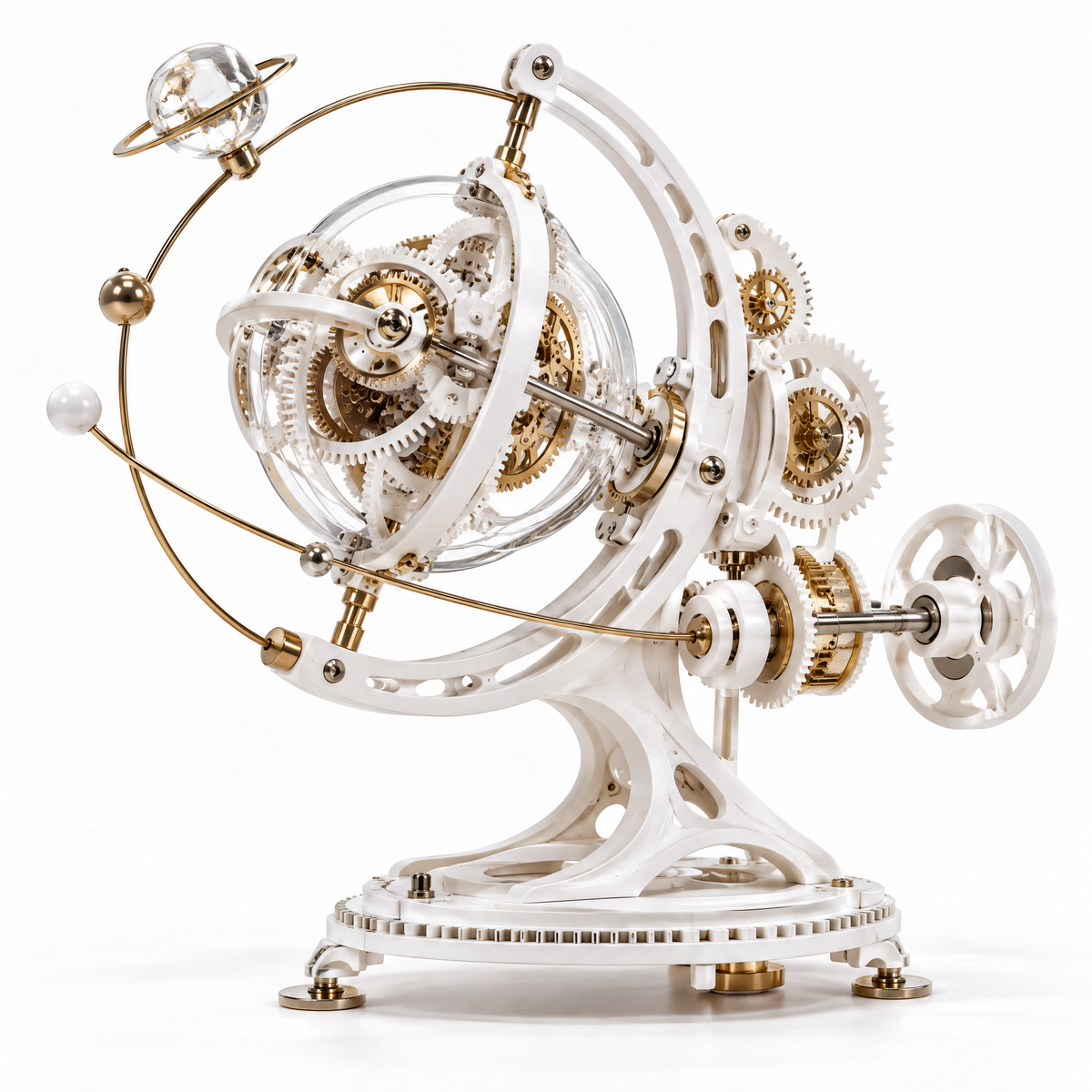 ORVAITOLEY® Exquisite Desktop Art – full product view on pure white background, right-side 3/4 angle showing white ABS lattice arc frame, crystal-clear globe with white-and-gold multi-layer gear assembly inside, external gold-and-white gear train on right side with white manual hand wheel, gold orbital ring with four gold planet-ball terminals, crystal Saturn sphere with gold ring at top on gold stem, white perforated circular base with gear-tooth edge and gold levelling feet