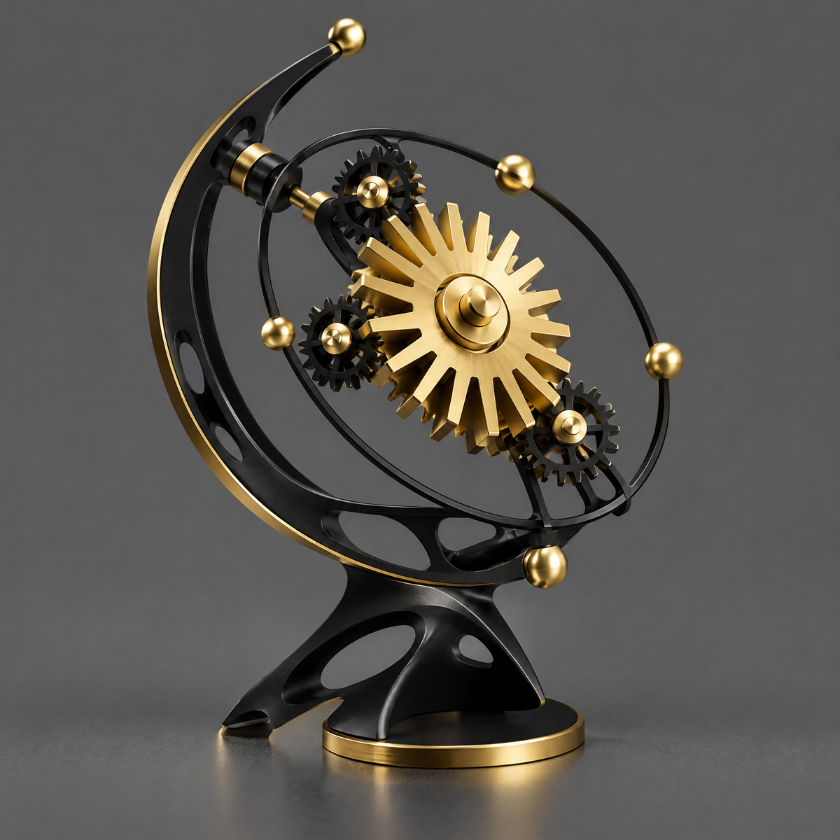 ORVAITOLEY® Time in Motion – full product view on dark grey background, 3/4 right-side angle showing black lattice crescent moon arc frame with gold edge trim, large gold sun-ray central gear with four black planet pinion gears, gold orbital ring with six gold planet-ball terminals, black spider-leg base, gold circular base rim