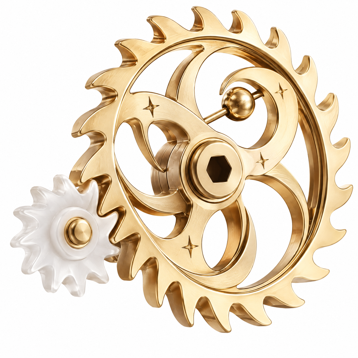 ORVAITOLEY® Kinetic Gear Desk Ornament – full product view on pure white background, diagonal angle showing large gold electroplated sun-wheel gear with crescent moon and four-pointed star interior engraving, gold eccentric ball arm at centre, white ceramic-finish small drive pinion gear engaged at left side