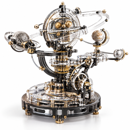 ORVAITOLEY® Mechanical Solar System – full product on white background, 3/4 angle showing transparent acrylic base, black-gold gear column, celestial globe with gold planet balls inside, moon and Jupiter planet arms, acrylic orbital arc, gold crank handle