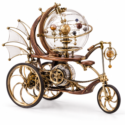 ORVAITOLEY® Steampunk Orrery – full product on white background, right 3/4 angle showing walnut tricycle with brass gears, glass solar system globe, bat-wing left sail, Saturn pendant on right handlebar